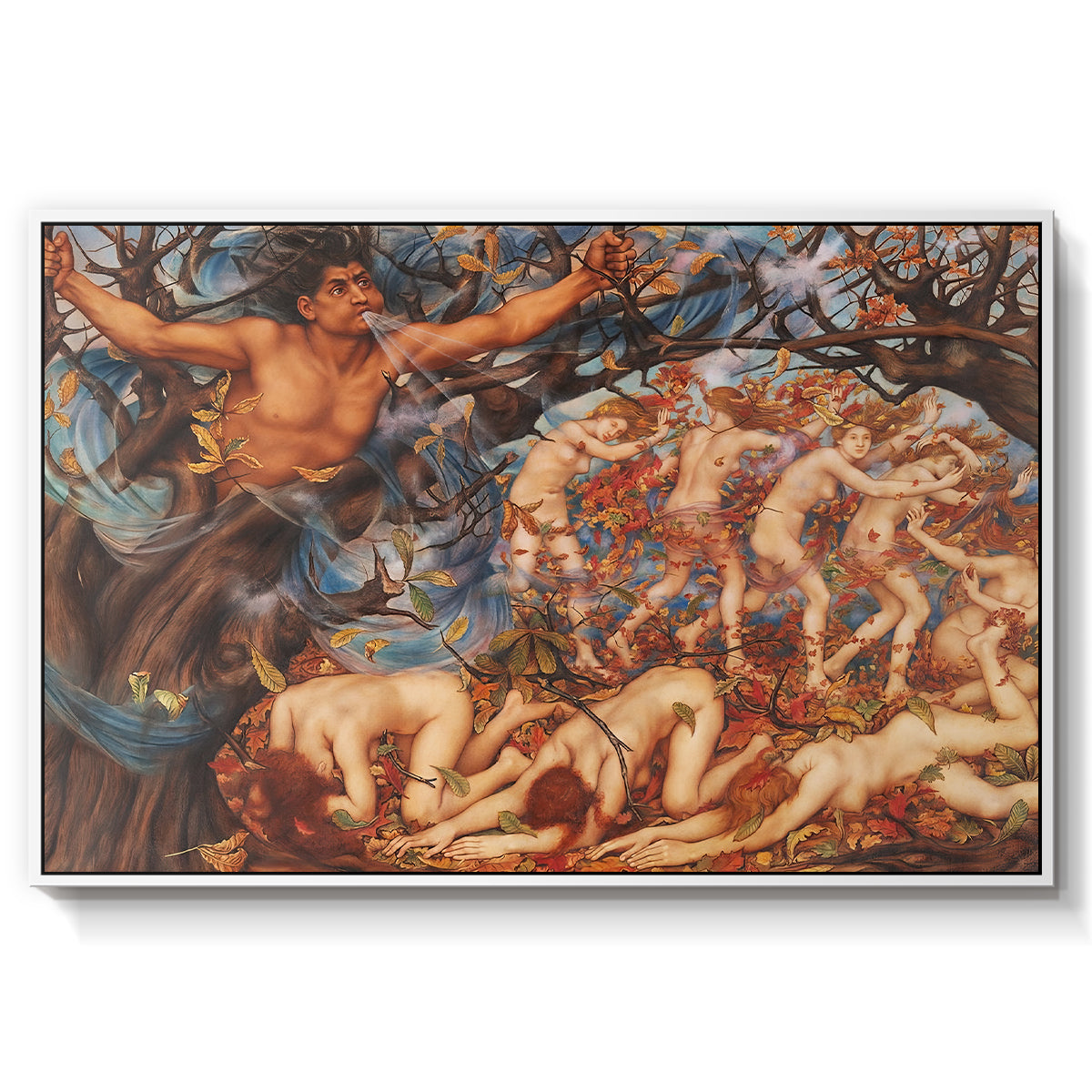 Boreas and the Fallen Leaves, c. 1910-1914 by Evelyn De Morgan in a white floater framed canvas wall art display.