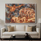 Boreas and the Fallen Leaves, c. 1910-1914 by Evelyn De Morgan displayed in a white floater framed canvas above a sofa in a clean living room.