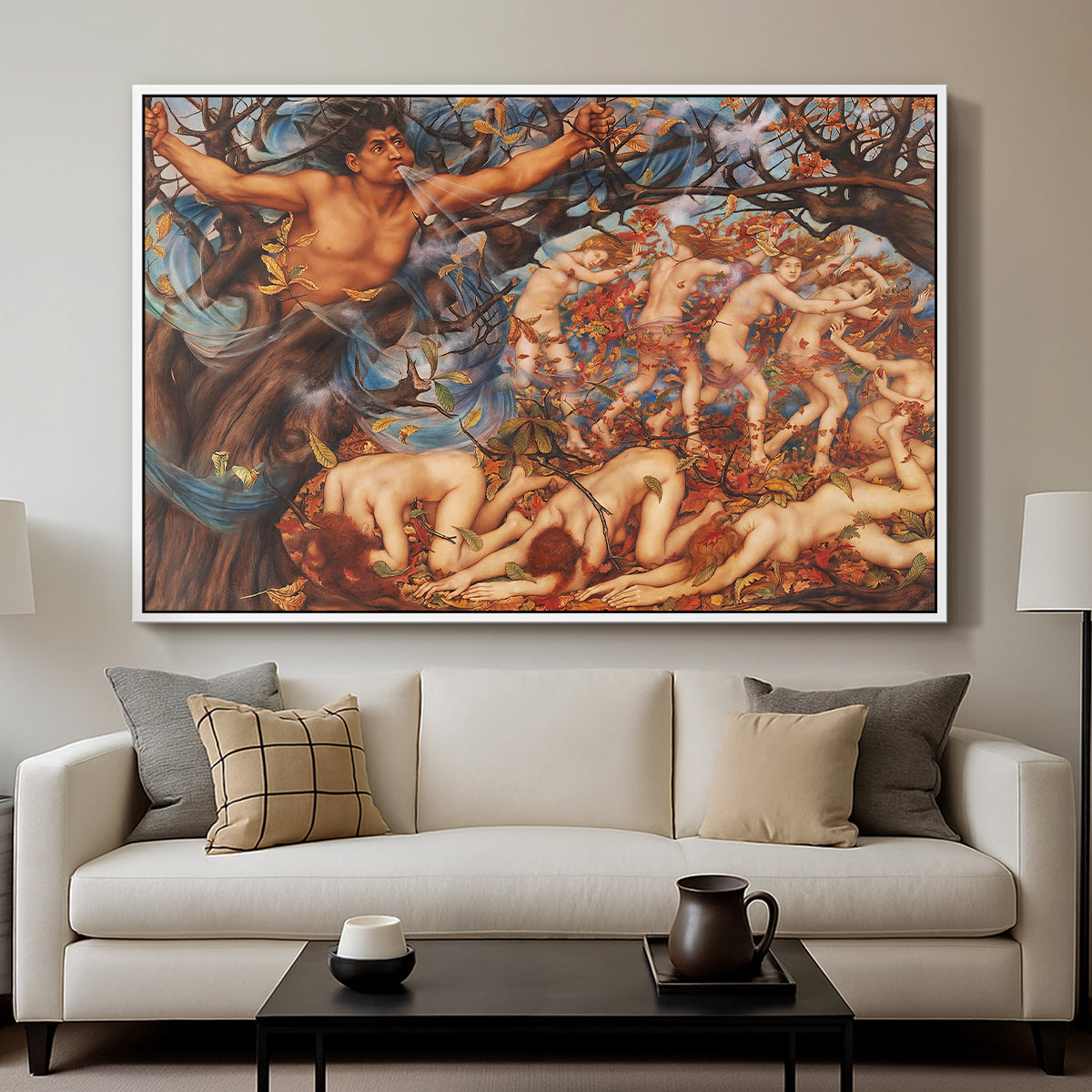 Boreas and the Fallen Leaves, c. 1910-1914 by Evelyn De Morgan displayed in a white floater framed canvas above a sofa in a clean living room.