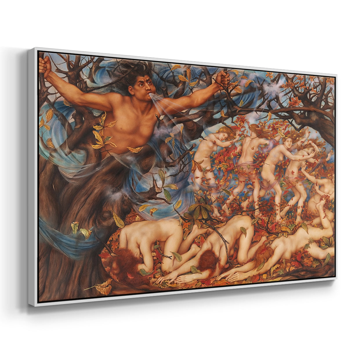 Angled view of Boreas and the Fallen Leaves, c. 1910-1914 by Evelyn De Morgan in a white floater framed canvas.
