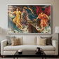 The Storm Spirits, 1900 by Evelyn De Morgan displayed in a white floater framed canvas above a sofa in a clean living room.