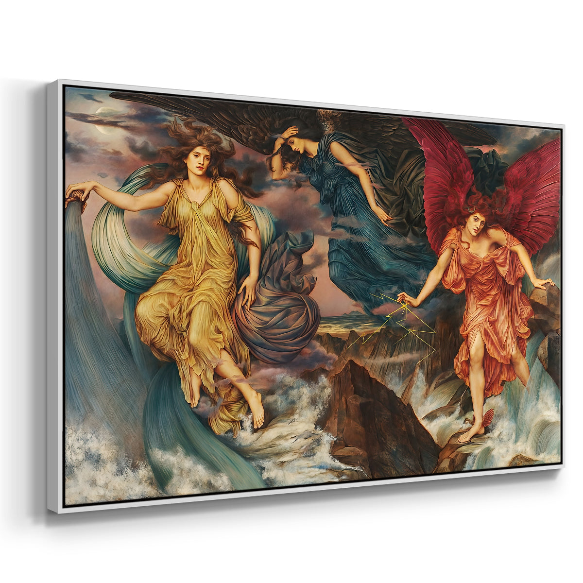 Angled view of The Storm Spirits, 1900 by Evelyn De Morgan in a white floater framed canvas.