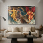 The Storm Spirits, 1900 by Evelyn De Morgan as a white floater framed canvas featuring multiple figures swirling through sky representing storm forces in motion, displayed above a sofa in a modern living room.
