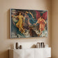 White floater framed canvas of The Storm Spirits, 1900 by Evelyn De Morgan, featuring a dramatic allegory of spirits moving within turbulent sky above a console cabinet in a minimalist entryway.