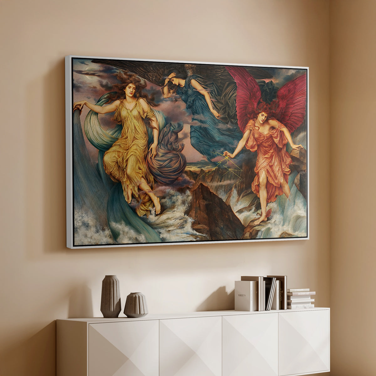 White floater framed canvas of The Storm Spirits, 1900 by Evelyn De Morgan, featuring a dramatic allegory of spirits moving within turbulent sky above a console cabinet in a minimalist entryway.