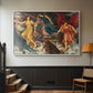 White floater framed canvas featuring a symbolic scene of airborne figures in chaotic movement, displayed in a hallway near a staircase.