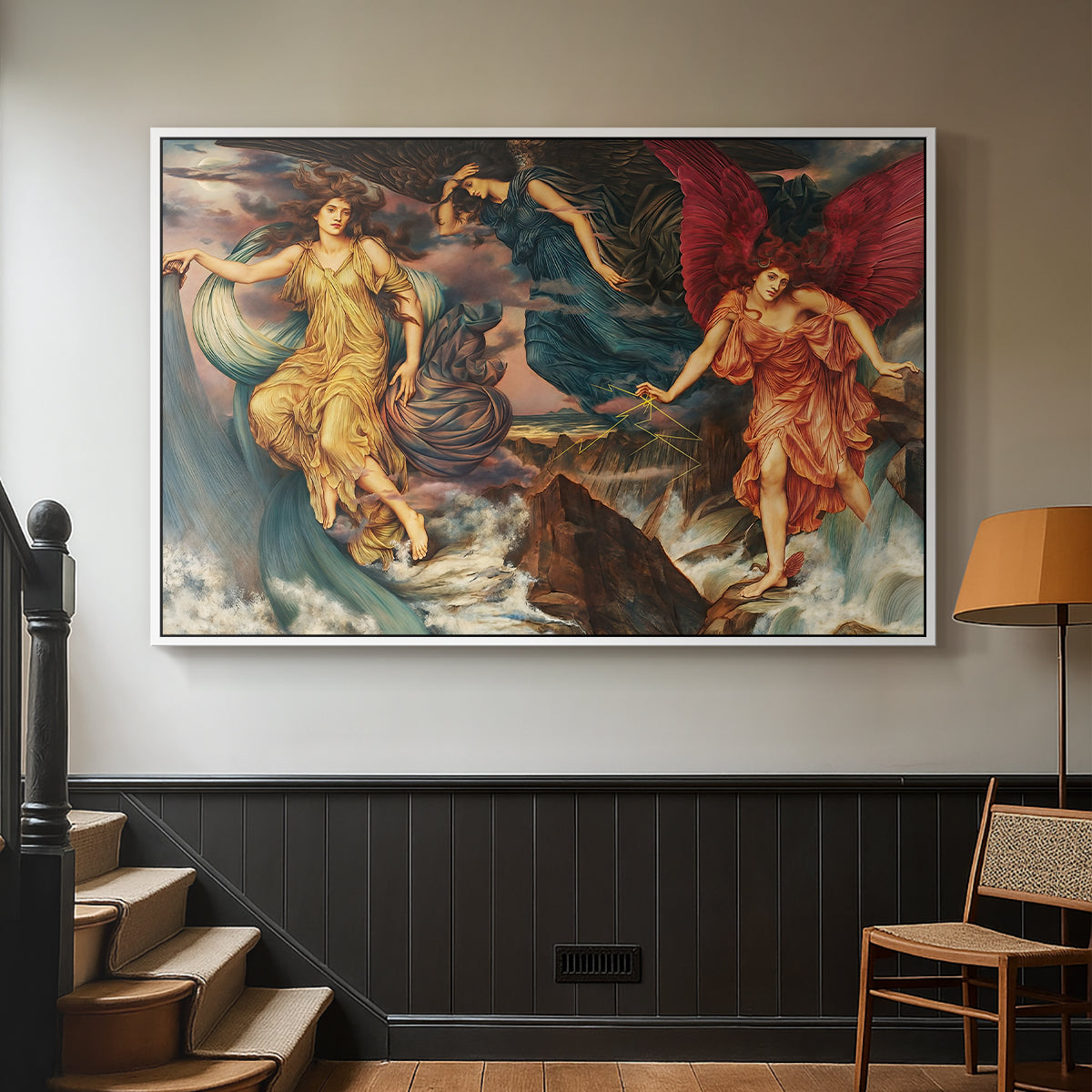 White floater framed canvas featuring a symbolic scene of airborne figures in chaotic movement, displayed in a hallway near a staircase.