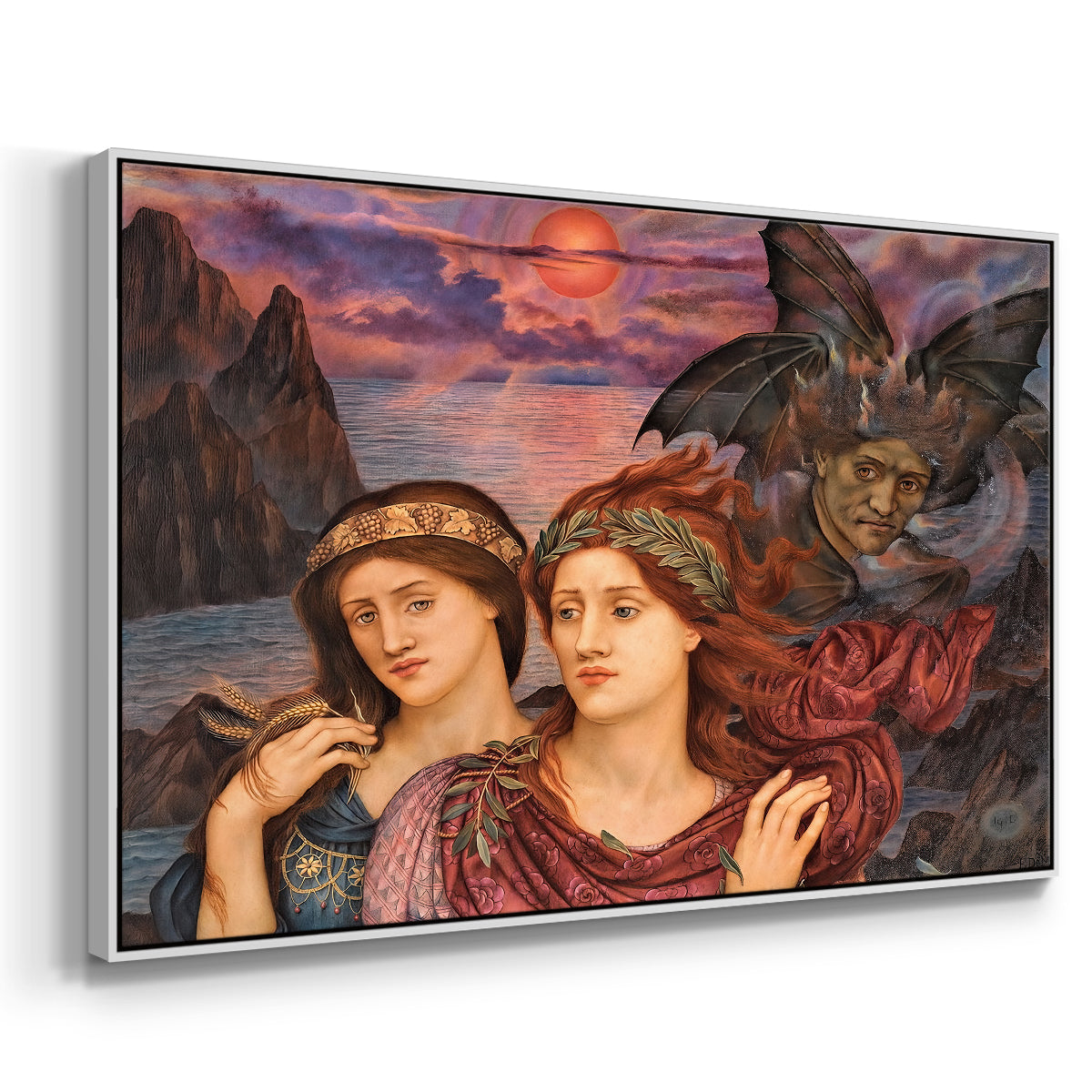 Angled view of The Vision, 1914 by Evelyn De Morgan in a white floater framed canvas.