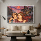 The Vision, 1914 by Evelyn De Morgan as a white floater framed canvas featuring two female figures gazing outward with vivid sky behind them, displayed above a sofa in a modern living room.