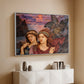 White floater framed canvas of The Vision, 1914 by Evelyn De Morgan, featuring a symbolic portrait of women framed by colorful atmospheric background above a console cabinet in a minimalist entryway.