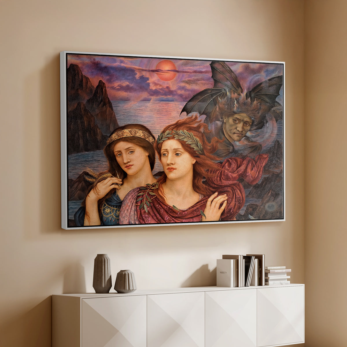 White floater framed canvas of The Vision, 1914 by Evelyn De Morgan, featuring a symbolic portrait of women framed by colorful atmospheric background above a console cabinet in a minimalist entryway.