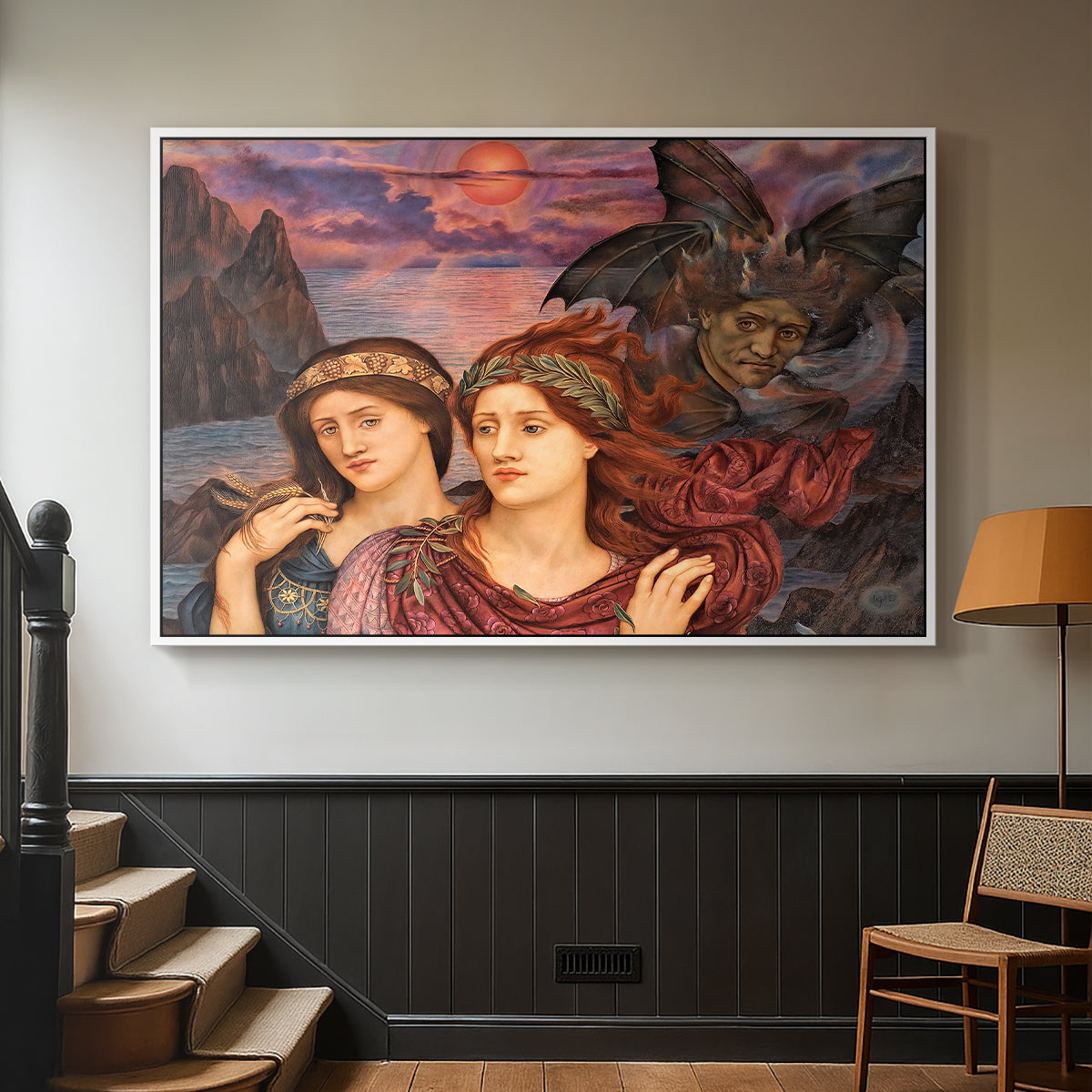 White floater framed canvas featuring an allegorical scene emphasizing emotion and color, displayed in a hallway near a staircase.