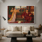 The Gilded Cage, c. 1901-1902 by Evelyn De Morgan as a white floater framed canvas featuring a woman seated inside ornate interior symbolizing confinement and luxury, displayed above a sofa in a modern living room.