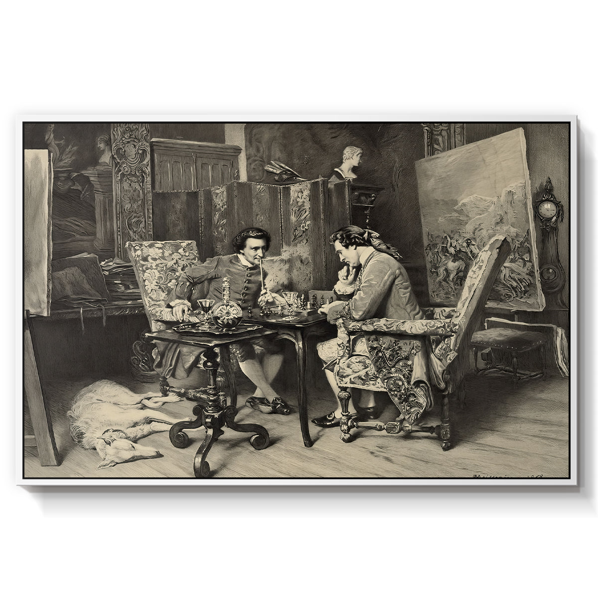 The Chess Players, 1858 by Ernest Meissonier in a white floater framed canvas wall art display.