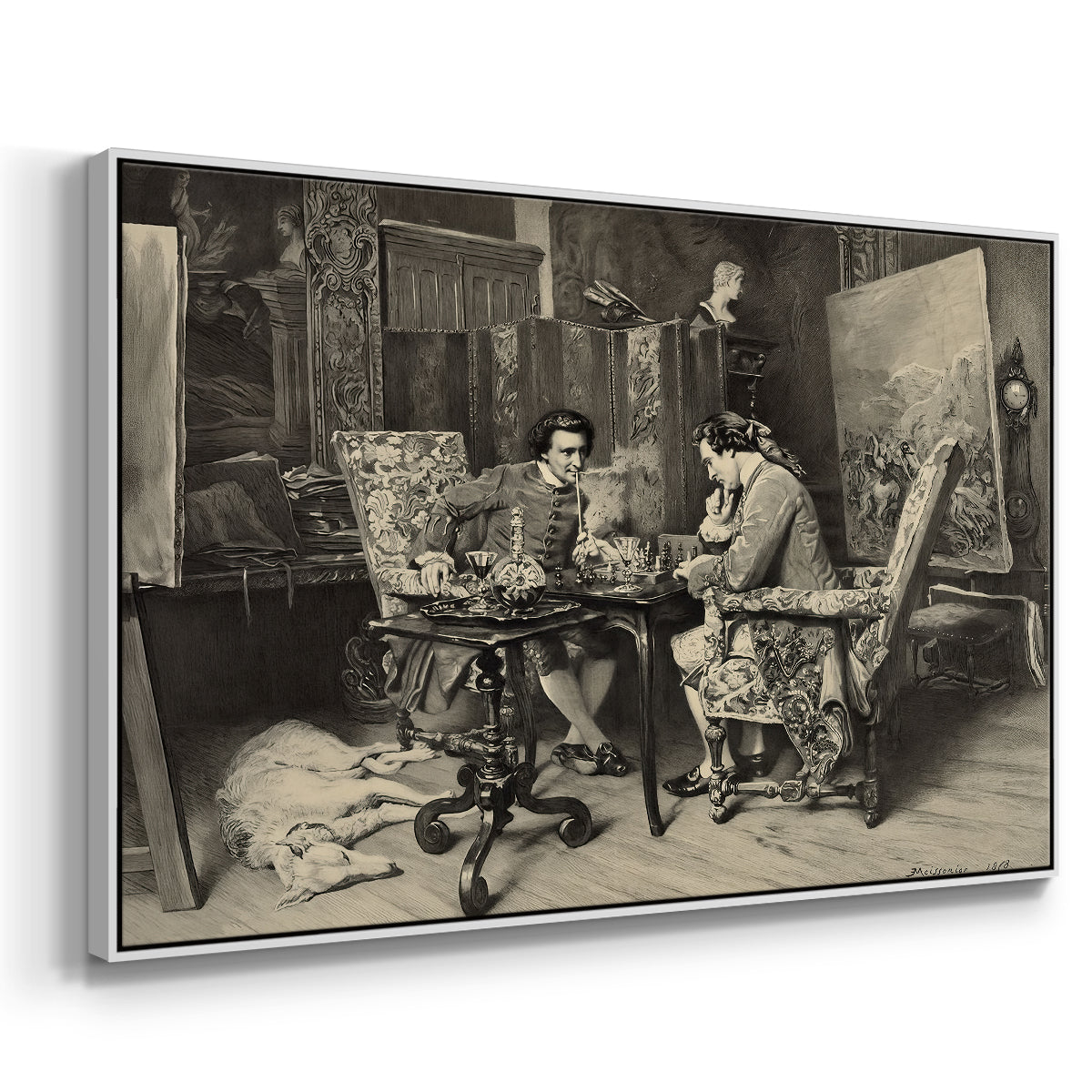 Angled view of The Chess Players, 1858 by Ernest Meissonier in a white floater framed canvas.
