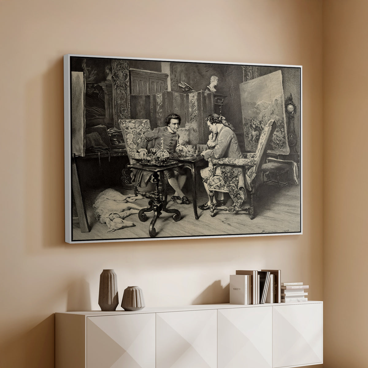 White floater framed canvas of The Chess Players, 1858 by Ernest Meissonier, featuring a realistic scene of figures concentrating on chess game indoors above a console cabinet in a minimalist entryway.