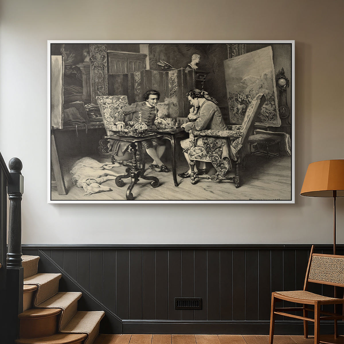 White floater framed canvas featuring a monochrome-style depiction of strategic game between two figures, displayed in a hallway near a staircase.