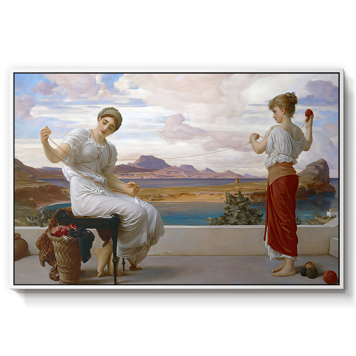Winding the Skein, c. 1878 by Frederic Leighton in a white floater framed canvas wall art display.