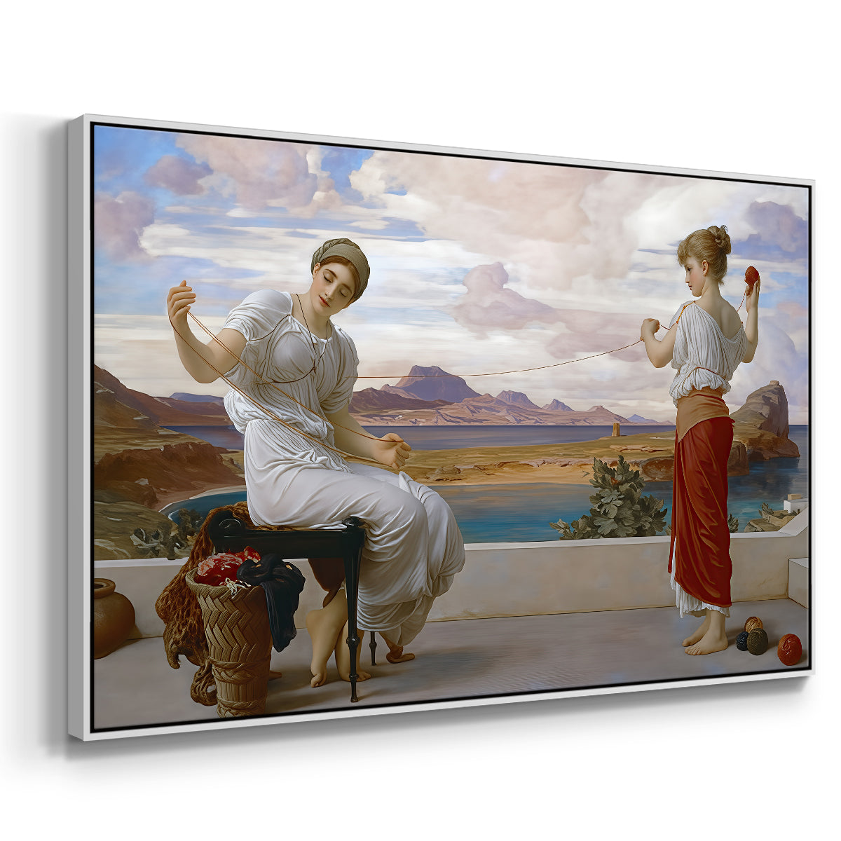 Angled view of Winding the Skein, c. 1878 by Frederic Leighton in a white floater framed canvas.