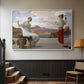 White floater framed canvas featuring an elegant composition of women performing domestic task, displayed in a hallway near a staircase.