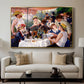 Luncheon of the Boating Party (Le Déjeuner des canotiers), 1880-1881 by Pierre-Auguste Renoir displayed in a gold floater framed canvas above a sofa in a clean living room.