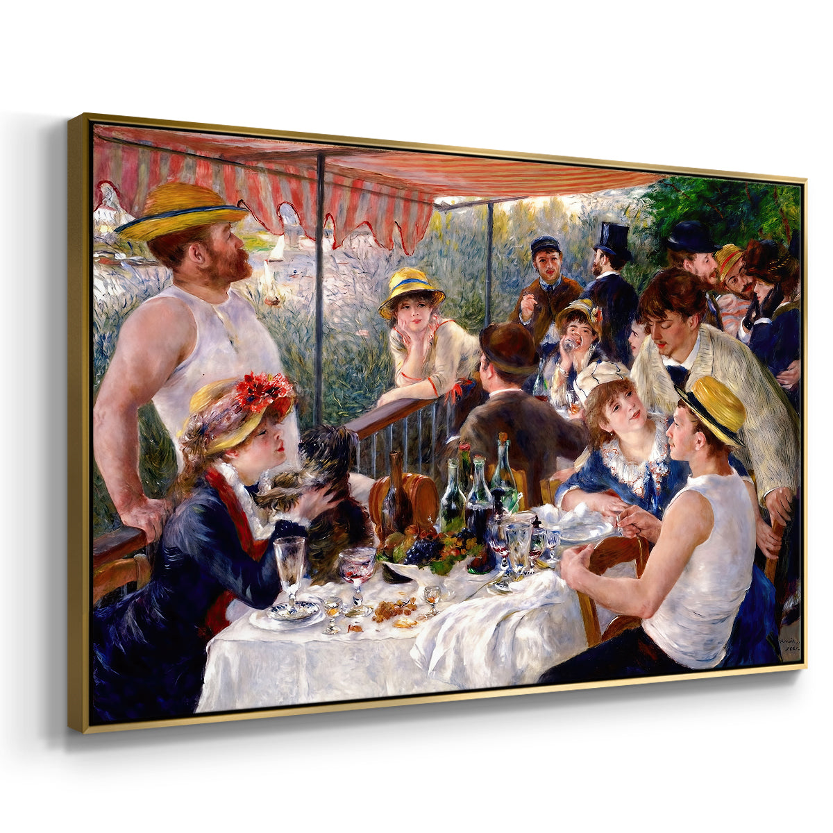 Angled view of Luncheon of the Boating Party (Le Déjeuner des canotiers), 1880-1881 by Pierre-Auguste Renoir in a gold floater framed canvas.