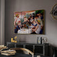 Luncheon of the Boating Party (Le Déjeuner des canotiers), 1880-1881 by Pierre-Auguste Renoir in a gold floater framed canvas featuring an impressionist scene of friends enjoying lunch with wine and conversation, displayed above a desk in a dark home office interior.