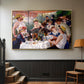 Gold floater framed canvas featuring a social dining scene with figures seated around table on riverside terrace, displayed in a hallway near a staircase.