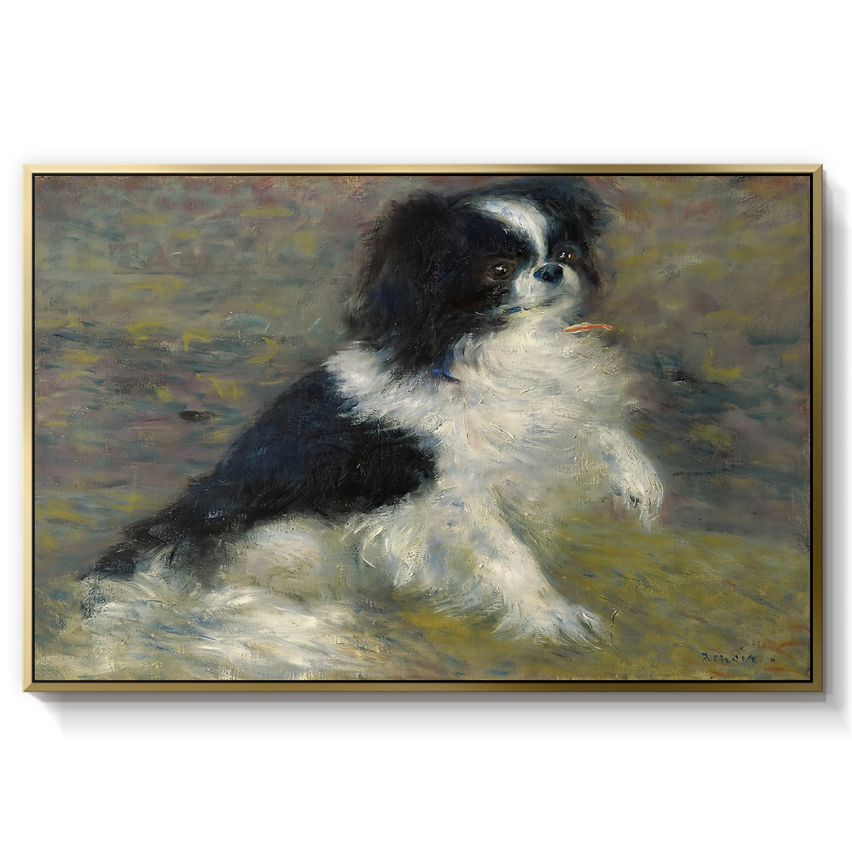 Tama, the Japanese Dog, c. 1876 by Pierre-Auguste Renoir in a gold floater framed canvas wall art display.