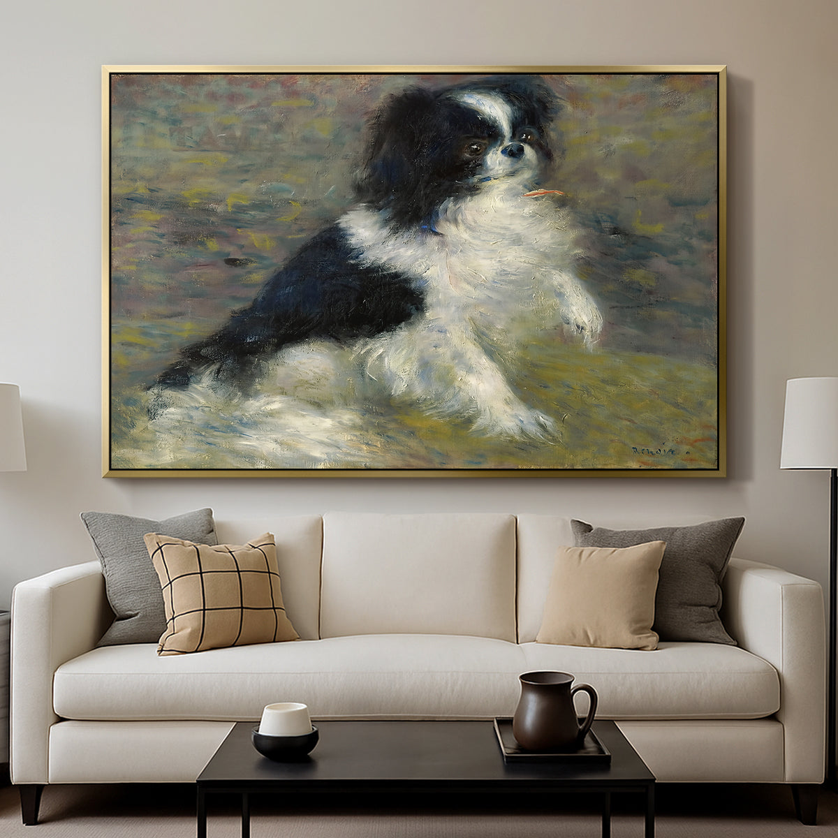 Tama, the Japanese Dog, c. 1876 by Pierre-Auguste Renoir displayed in a gold floater framed canvas above a sofa in a clean living room.