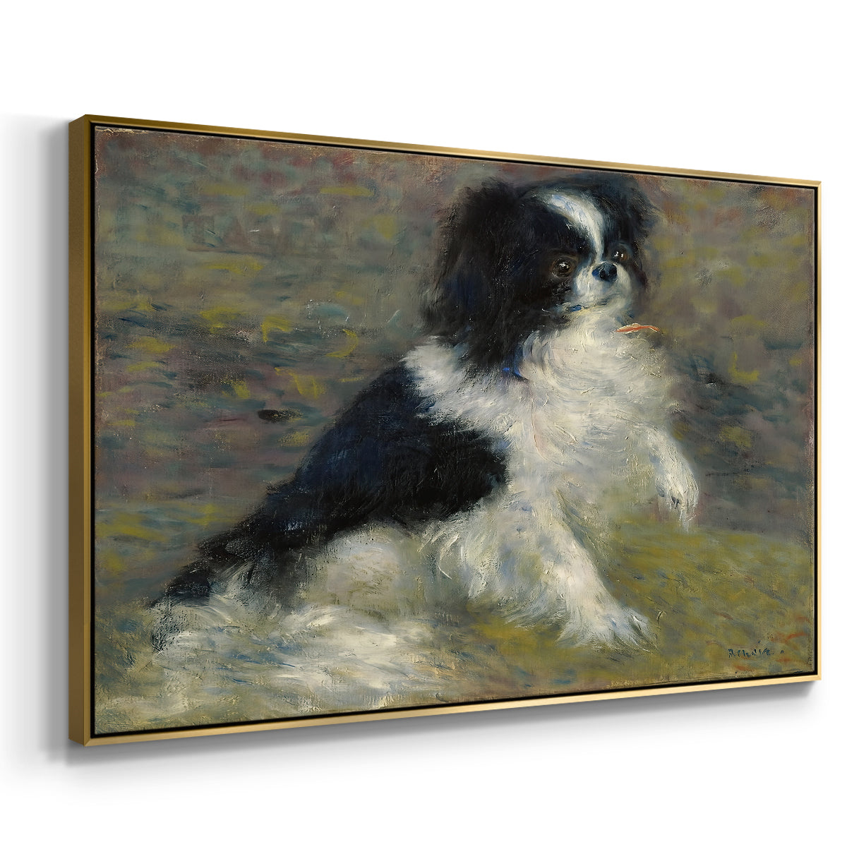 Angled view of Tama, the Japanese Dog, c. 1876 by Pierre-Auguste Renoir in a gold floater framed canvas.