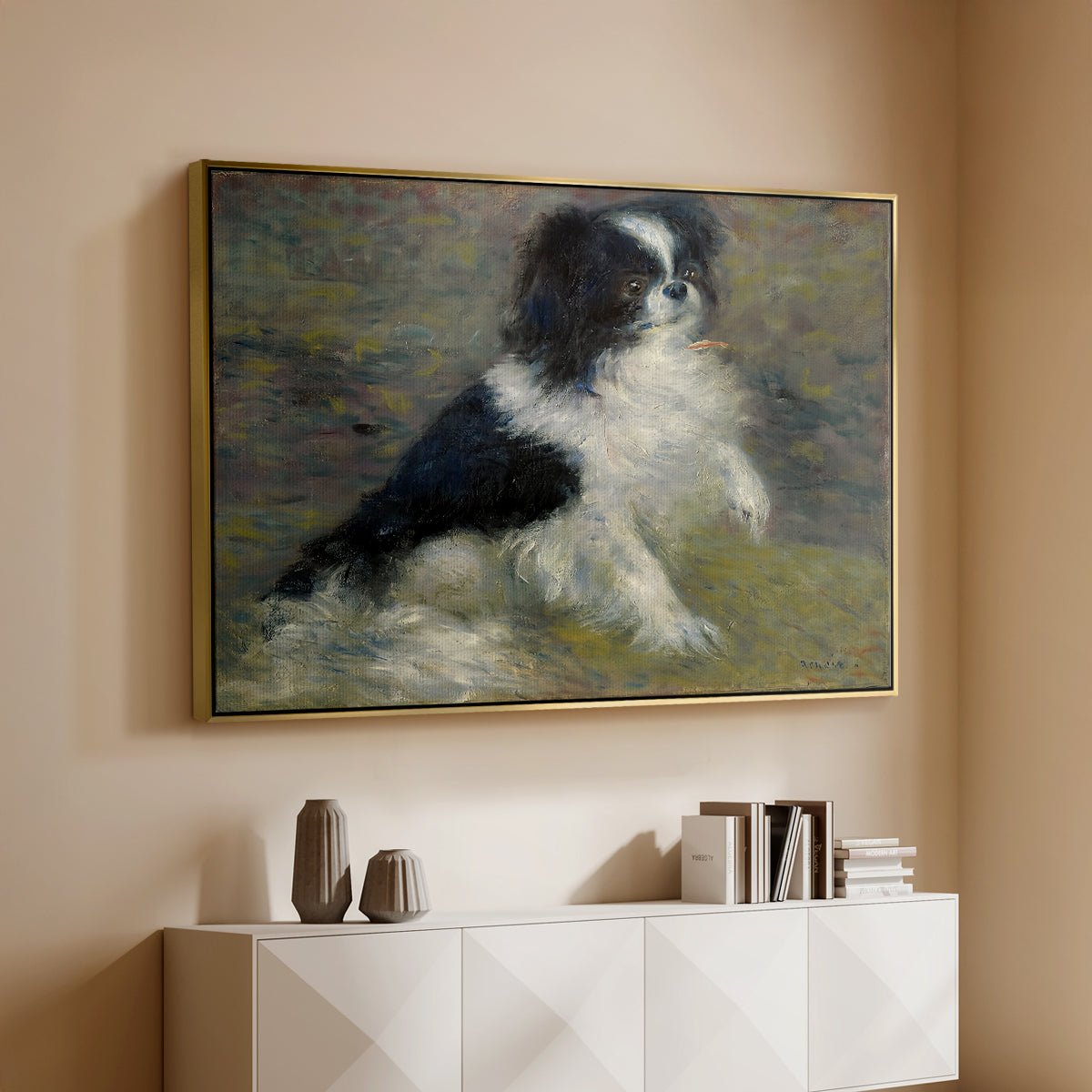 Gold floater framed canvas of Tama, the Japanese Dog, c. 1876 by Pierre-Auguste Renoir, featuring an impressionist painting of a dog wading through water with blurred background above a console cabinet in a minimalist entryway.