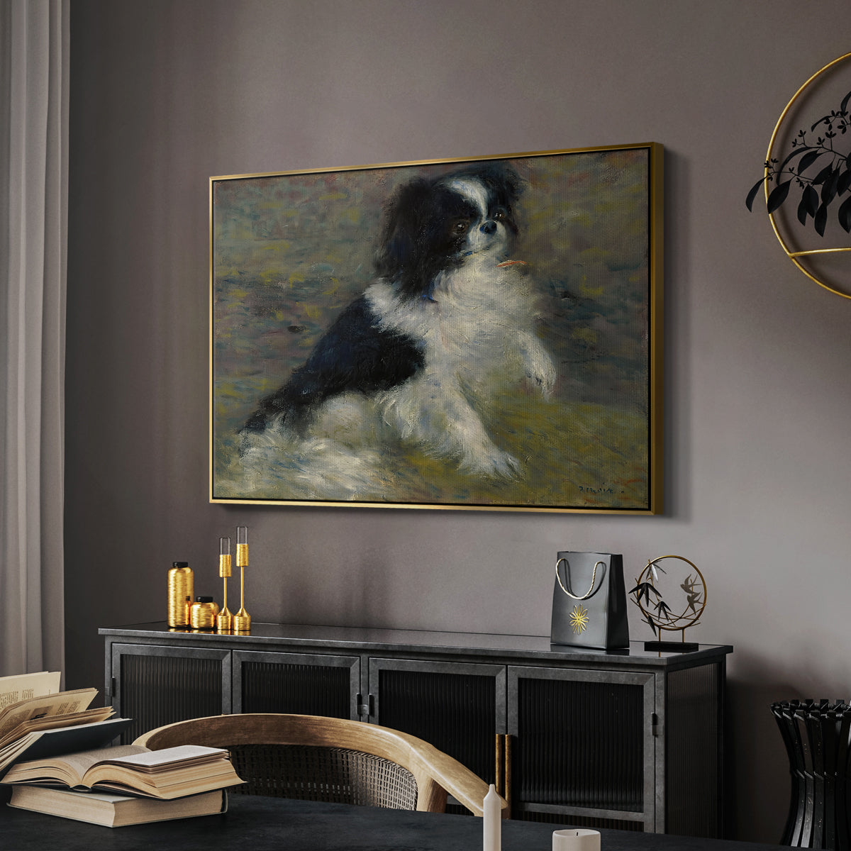 Tama, the Japanese Dog, c. 1876 by Pierre-Auguste Renoir in a gold floater framed canvas featuring a close-up of a small dog in motion surrounded by rippling water, displayed above a desk in a dark home office interior.