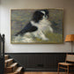 Gold floater framed canvas featuring an animal portrait of a dog in natural outdoor setting with soft light, displayed in a hallway near a staircase.