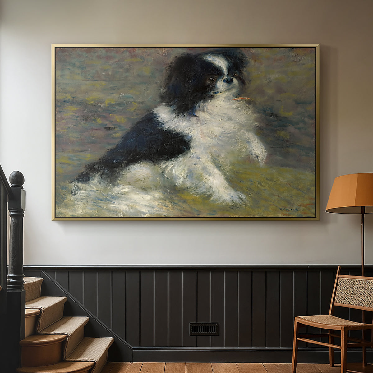 Gold floater framed canvas featuring an animal portrait of a dog in natural outdoor setting with soft light, displayed in a hallway near a staircase.