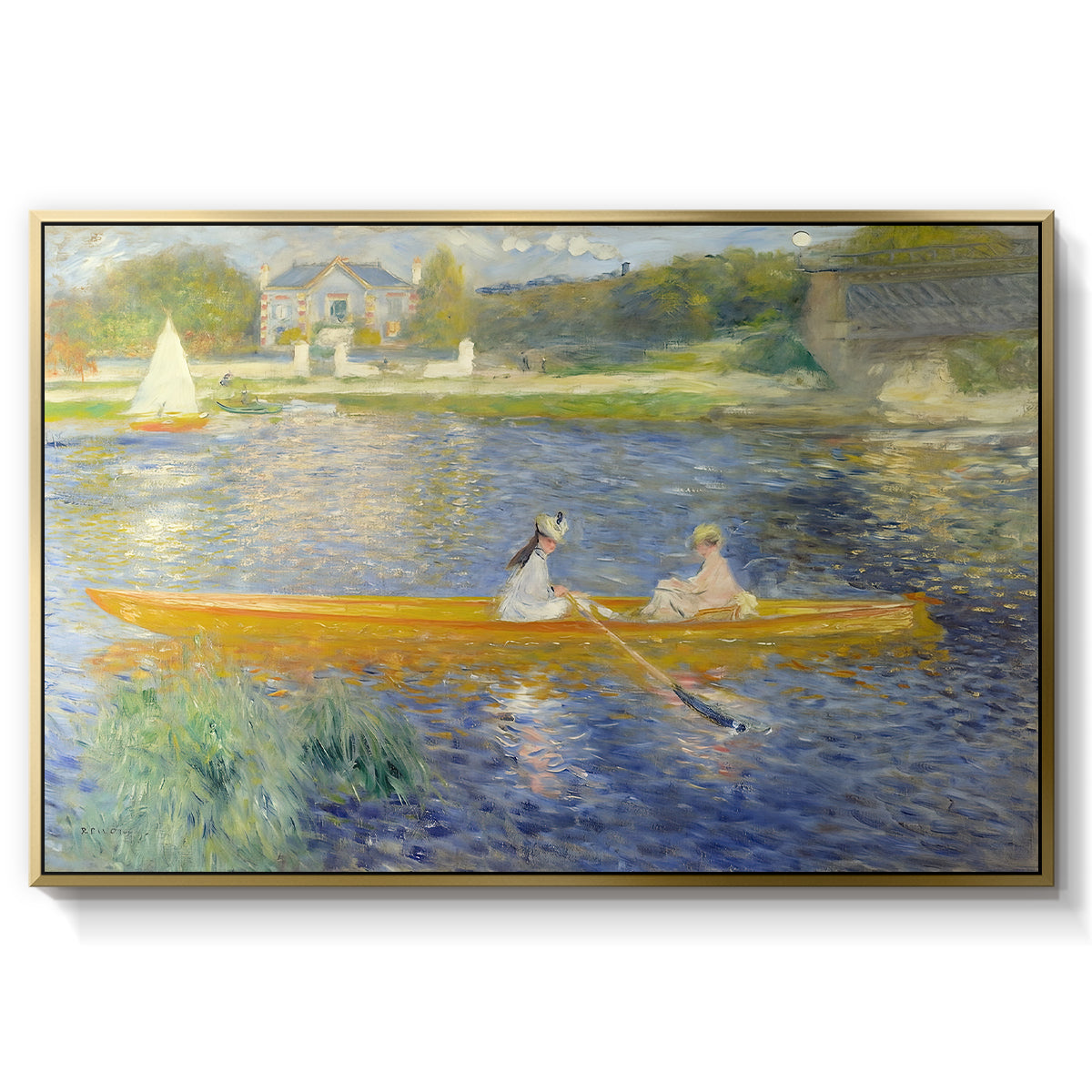 The Skiff (La Yole), 1875 by Pierre-Auguste Renoir in a gold floater framed canvas wall art display.