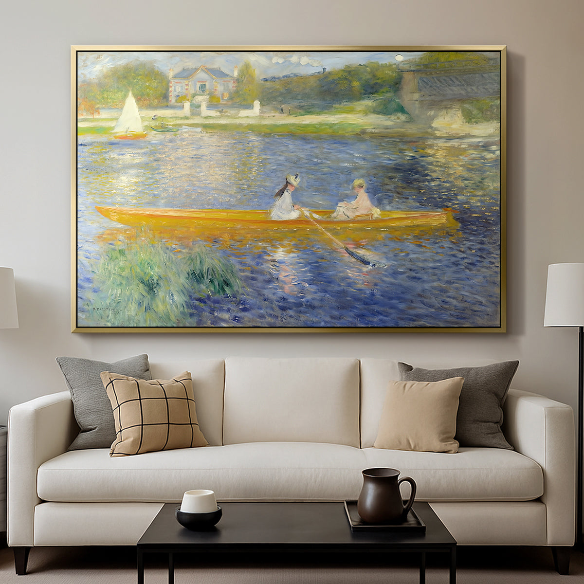 The Skiff (La Yole), 1875 by Pierre-Auguste Renoir displayed in a gold floater framed canvas above a sofa in a clean living room.