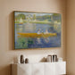 Gold floater framed canvas of The Skiff (La Yole), 1875 by Pierre-Auguste Renoir, featuring an impressionist boating scene with people relaxing in a narrow skiff above a console cabinet in a minimalist entryway.