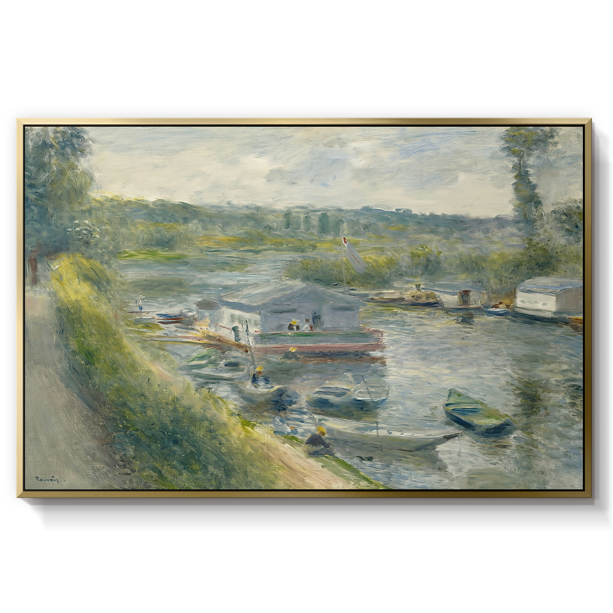 Wash-House Boat at Bas-Meudon, c. 1874 by Pierre-Auguste Renoir in a gold floater framed canvas wall art display.