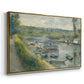 Angled view of Wash-House Boat at Bas-Meudon, c. 1874 by Pierre-Auguste Renoir in a gold floater framed canvas.