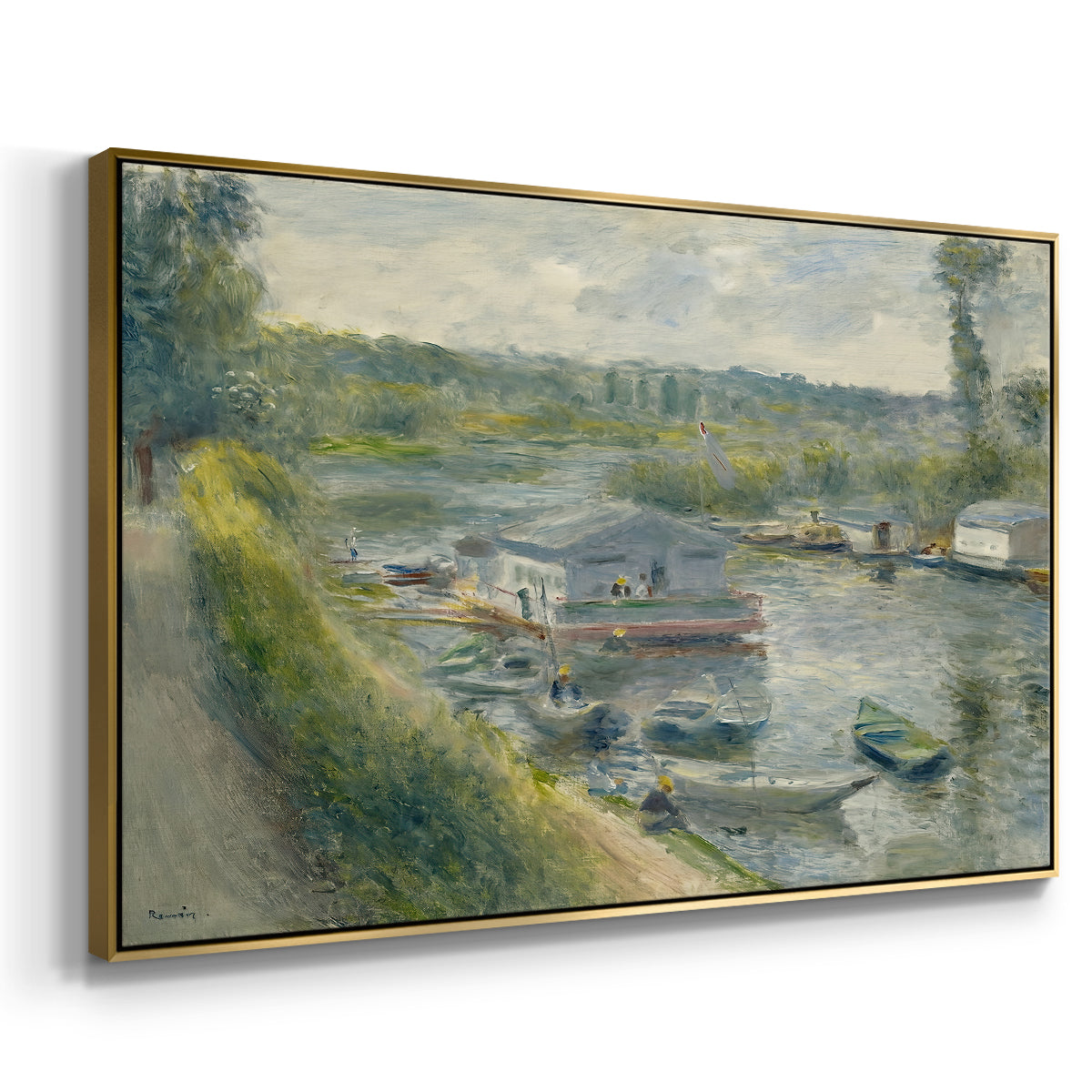 Angled view of Wash-House Boat at Bas-Meudon, c. 1874 by Pierre-Auguste Renoir in a gold floater framed canvas.