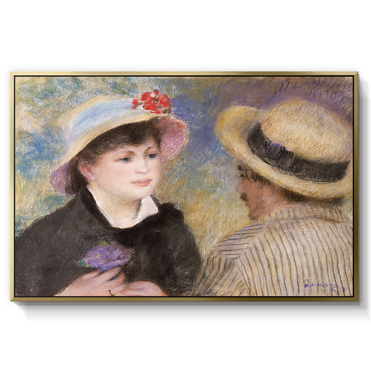 Boating Couple (Aline Charigot and Renoir), c. 1881 by Pierre-Auguste Renoir in a gold floater framed canvas wall art display.
