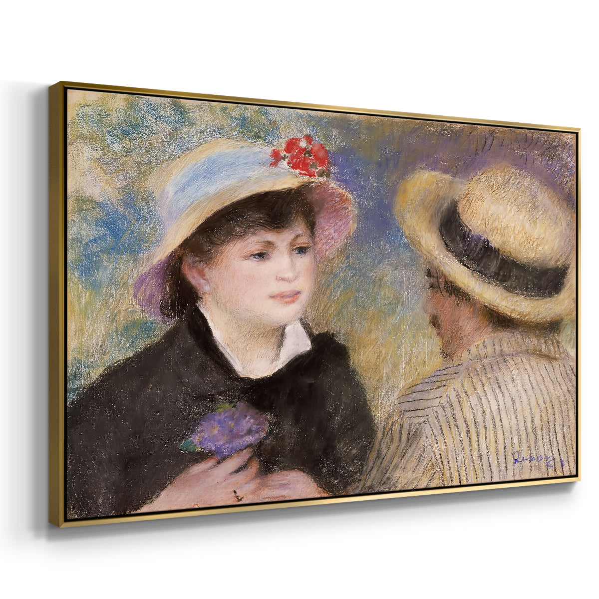 Angled view of Boating Couple (Aline Charigot and Renoir), c. 1881 by Pierre-Auguste Renoir in a gold floater framed canvas.