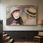 Gold floater framed canvas featuring a romantic scene of two figures in casual conversation with soft light, displayed in a hallway near a staircase.