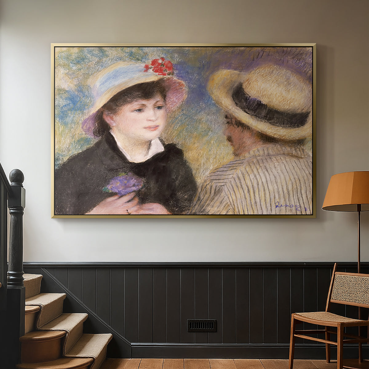 Gold floater framed canvas featuring a romantic scene of two figures in casual conversation with soft light, displayed in a hallway near a staircase.