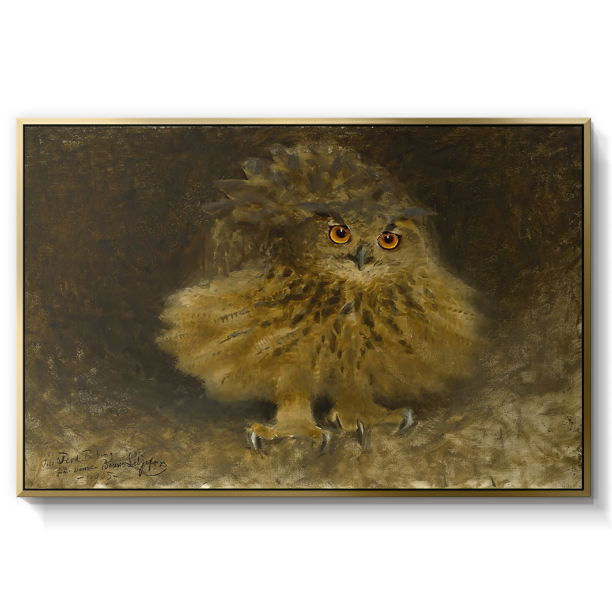 An Eagle Owl (Berguv), 1905 by Bruno Liljefors in a gold floater framed canvas wall art display.