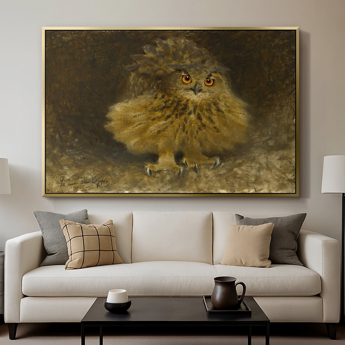 An Eagle Owl (Berguv), 1905 by Bruno Liljefors displayed in a gold floater framed canvas above a sofa in a clean living room.