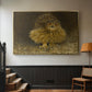 Gold floater framed canvas featuring a realistic depiction of owl camouflaged within woodland environment, displayed in a hallway near a staircase.