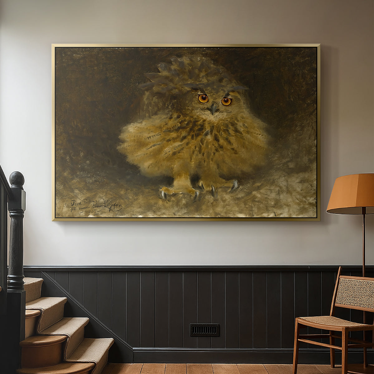Gold floater framed canvas featuring a realistic depiction of owl camouflaged within woodland environment, displayed in a hallway near a staircase.