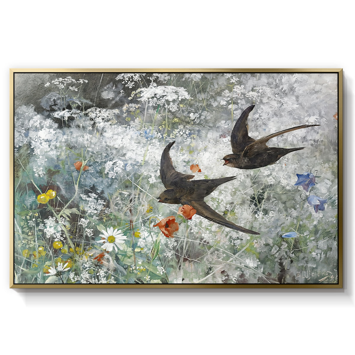 Common Swifts, 1886 by Bruno Liljefors in a gold floater framed canvas wall art display.